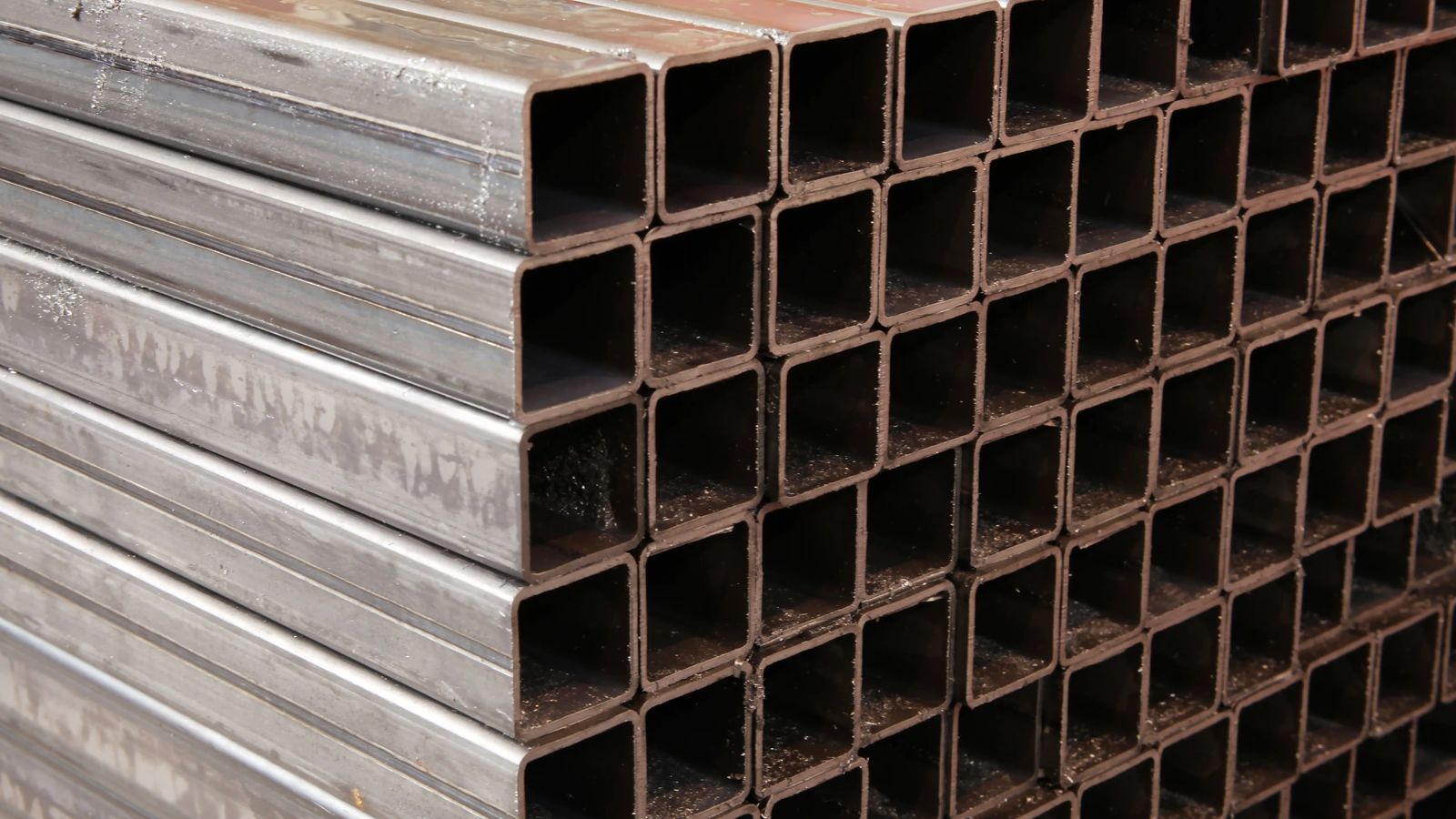 Stack of square steel tubing seen end-on