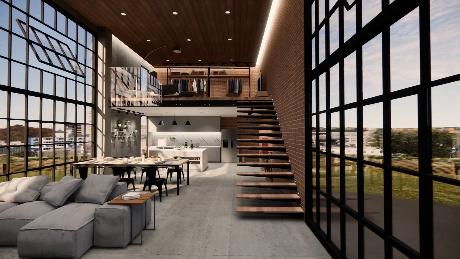 Open-plan living space with a loft, kitchen, and tall steel-framed windows