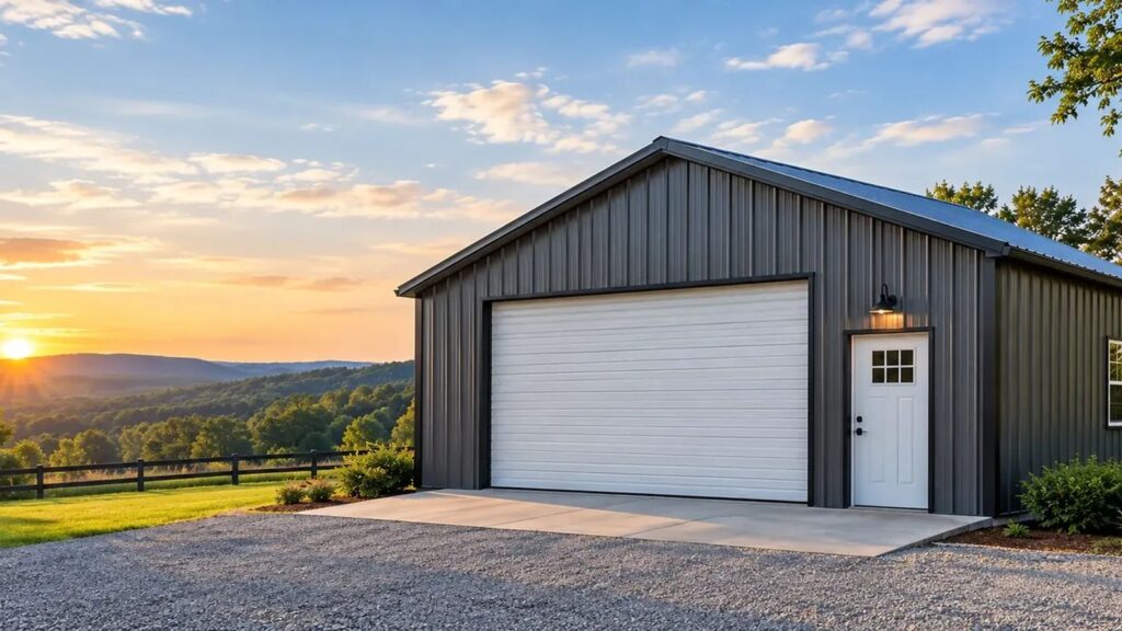 Dark steel garage with a white roll-up door at sunset