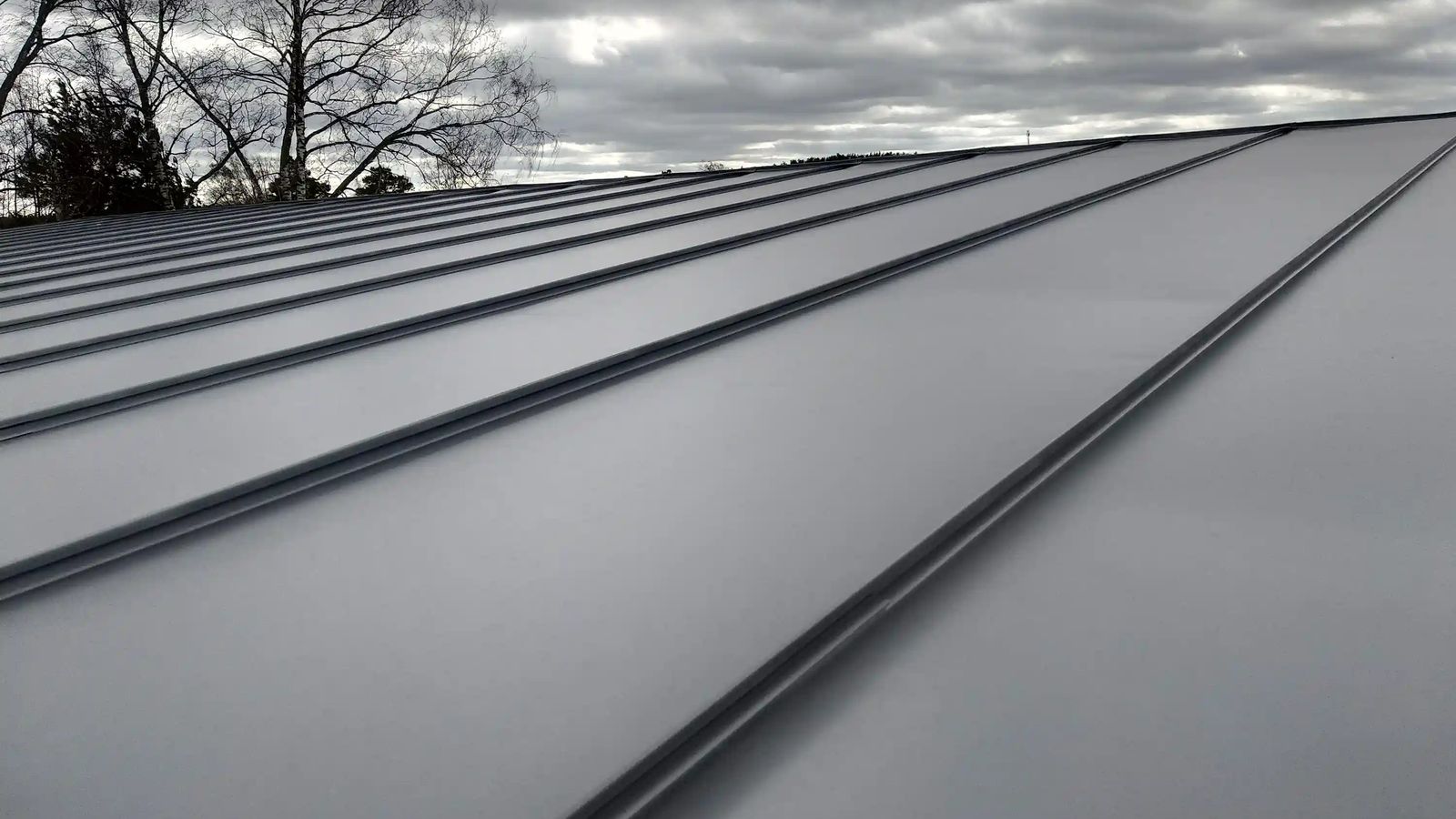 Close-up of a gray standing-seam metal roof under an overcast sky