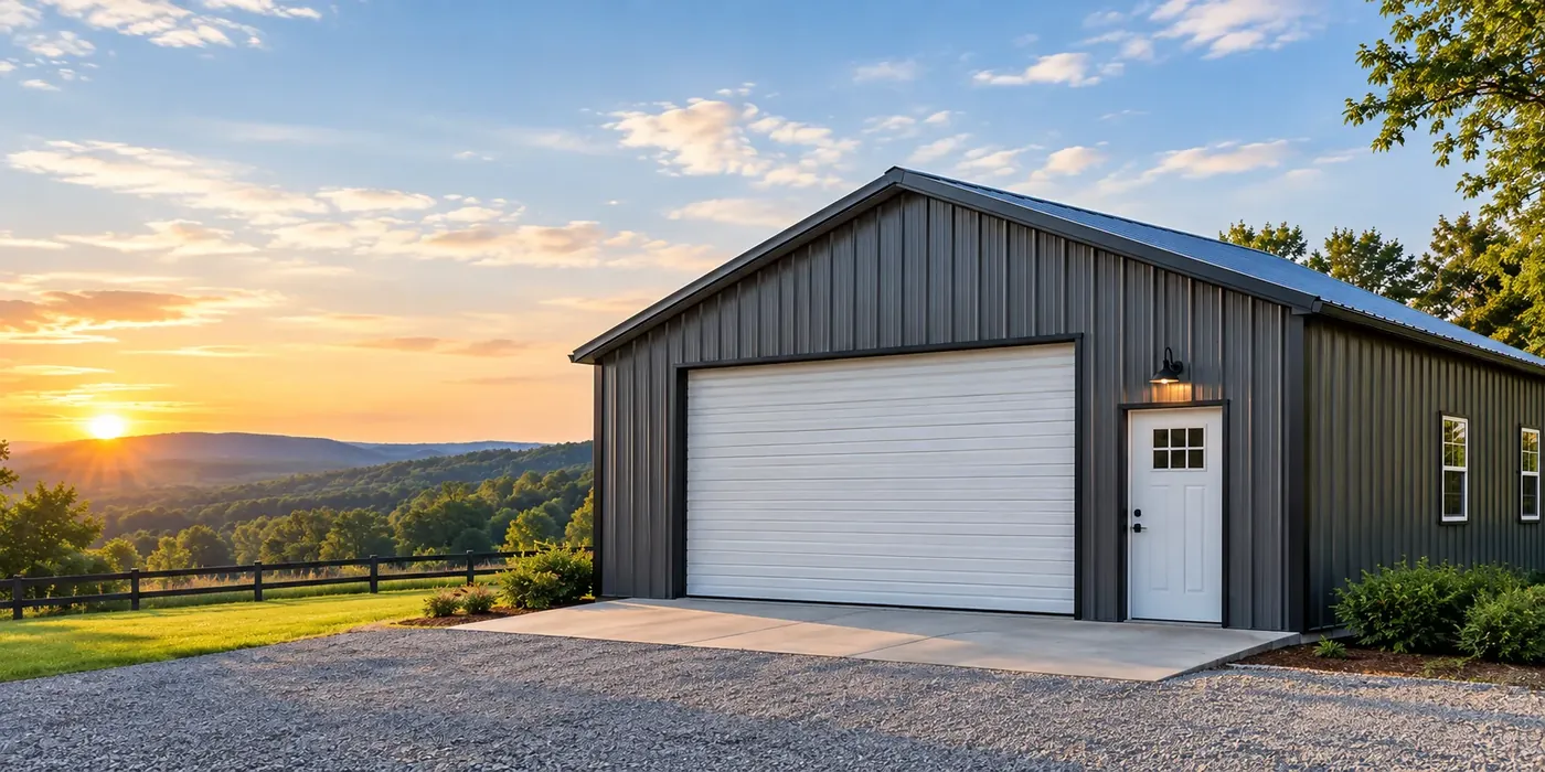 Dark steel garage with a white roll-up door and a side entry door