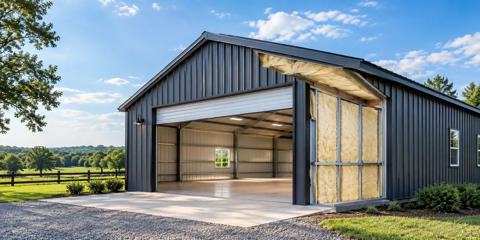 Steel garage with a wall cutaway showing insulation